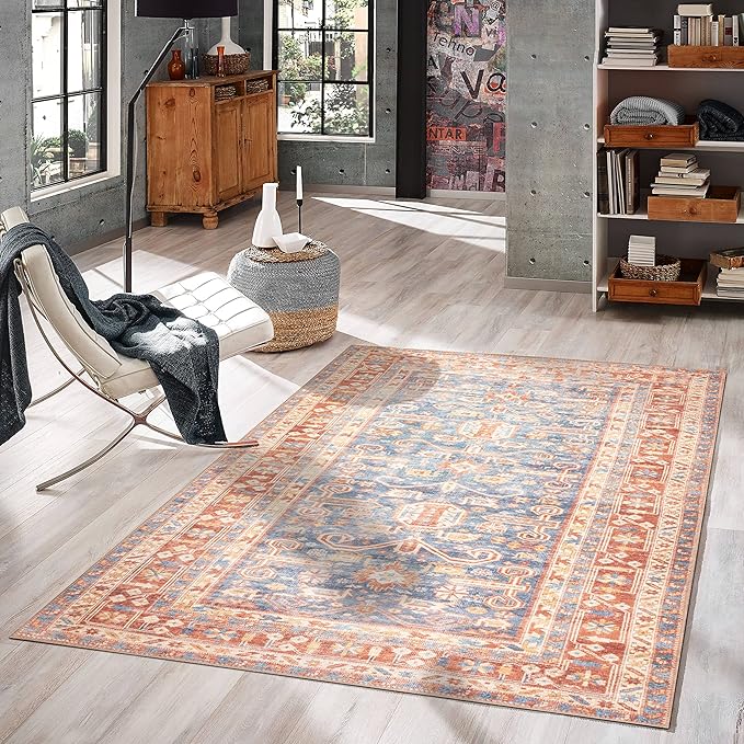 GLN Rugs Traditional Collection - Machine Washable Area Rug, Traditional Washable, Non Slip, Low Pile Chenille Rug, Living Room, Bedroom, Kitchen Rug (4' x 6' Terra/Slate Blue)