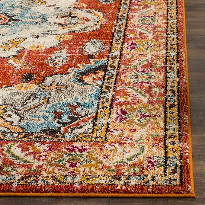 SAFAVIEH Monaco Collection Runner Rug - 2'2" x 20', Orange & Light Blue, Boho Chic Medallion Distressed Design, Non-Shedding & Easy Care, Ideal for High Traffic Areas in Living Room, Bedroom (MNC243H)