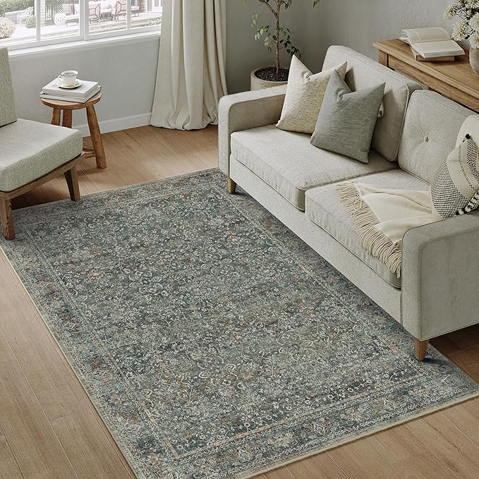 Area Rug 5x7 Gray Living Room Washable Vintage Carpet Non Slip Indoor Retro Traditional Grey Accent Throw Large Rug for Office Kitchen Bedroom Dining Room