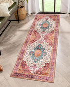 Moynesa Ultra-Thin Washable Runner Rug - Pink 2x5 Bathroom Rug Low Pile Hallway Rug Runner, Non Slip Pet Friendly Indoor Floor Carpet Runner for Kitchen Living Room Bedside Laundry Room