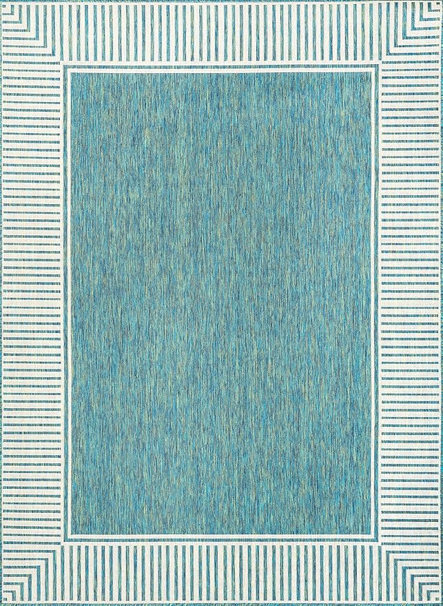 Nuloom Asha Teal/Ivory, 9'6" x 12', Casual, Striped Border, Soft and Cozy, High Traffic, Stain Resistant, Easy Clean, Durable Area Rug for Indoor/Outdoor Patio, Deck, Porch, Garden, Courtyard