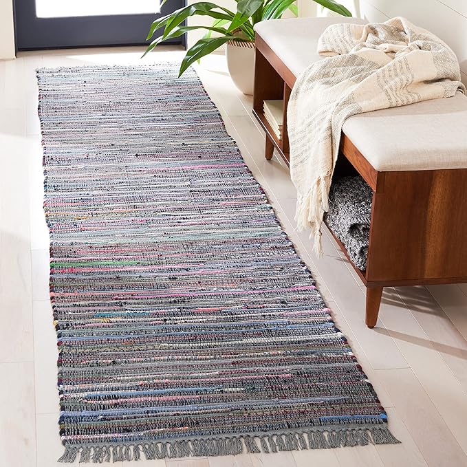 SAFAVIEH Rag Rug Collection Runner Rug - 2'3" x 8', Aqua & Multi, Handmade Boho Stripe Cotton, Ideal for High Traffic Areas in Living Room, Bedroom (RAR121K)