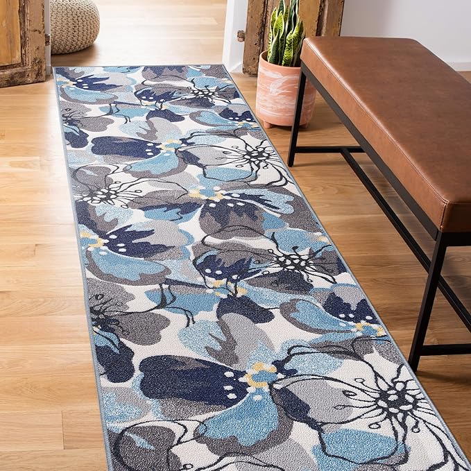 Rugshop Modern Large Floral Non-Slip (Non-Skid) Area Rug Runner 2' X 7' (22" X 84") Gray-Blue