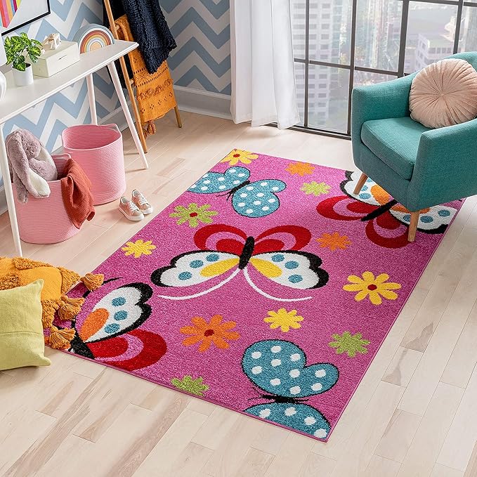 Well Woven Modern Rug Daisy Butterflies Pink 3'3'' x 5' Accent Entry Way Bright Kids Room Kitchn Bedroom Carpet Bathroom Soft Durable Area Rug
