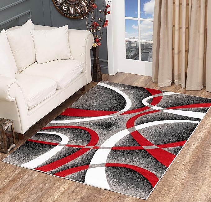 GLORY RUGS Modern Red Area Rug 4x6 Grey Swirls Carpet Bedroom Living Room Contemporary Dining Accent Sevilla Collection 4816A (Red)