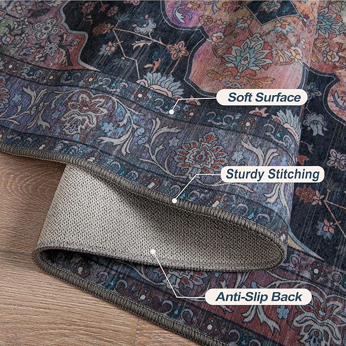 Tangsoo Vintage Round Rug 4ft Washable Circle Rug, Non Slip Small Boho Round Rug, Low Pile Circular Rugs, Round Carpet for Bedroom,Entryway,Nursery,Dorm,Kitchen,Taupe