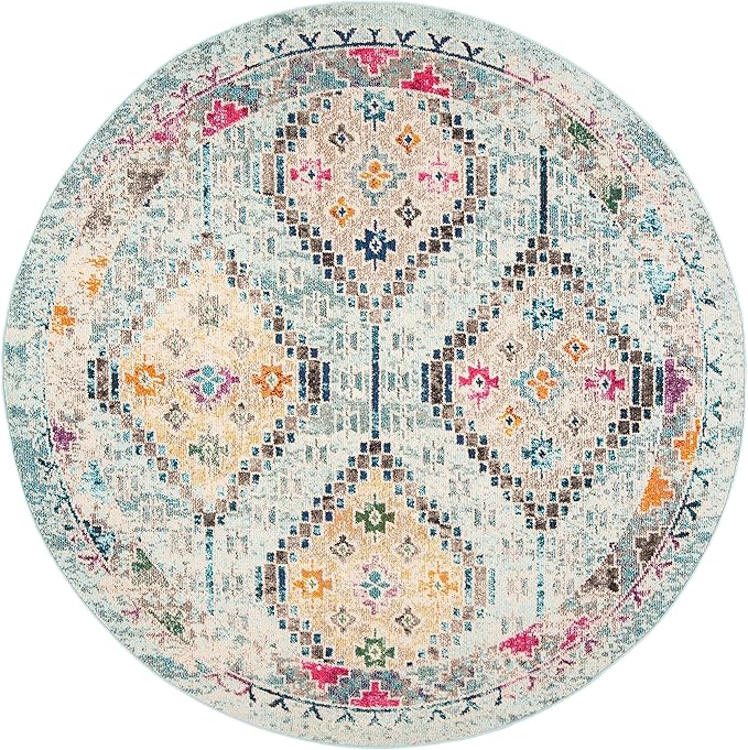 SAFAVIEH Madison Collection Area Rug - 6'7" Round, Blue & Yellow, Boho Diamond Distressed Design, Non-Shedding & Easy Care, Ideal for High Traffic Areas in Living Room, Bedroom (MAD418K)