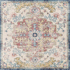 Livabliss Area Rugs - 8x8 Odelia Vintage Boho Aqua Burgandy Blue Square Area Rug for Living Room Bedroom - Floral Medallion Stain Resistant Carpet for Kitchen, Nursery, Office (7'10" Square)