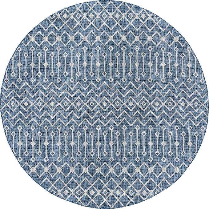 Unique Loom Outdoor Trellis Collection Area Rug - Tribal Trellis (10' Round, Blue/ Ivory)