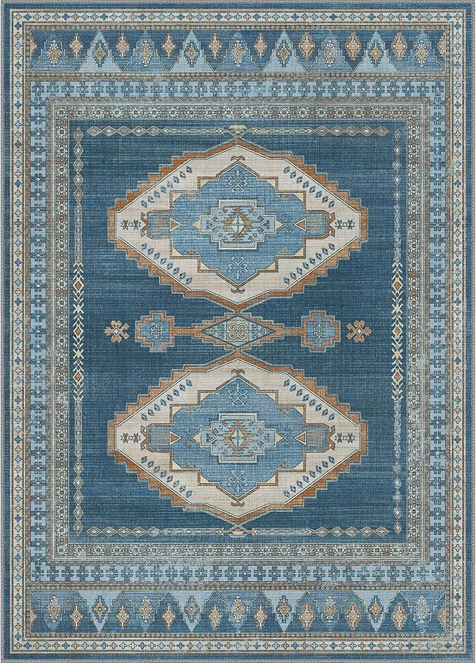 GENIMO Machine Washable 8x10 Area Rugs for Living Room, Non Slip Vintage Rugs, Low Pile Lightweight Chenille Print Rug for Bedroom, Dining Room, Home Office, Navy/Brick