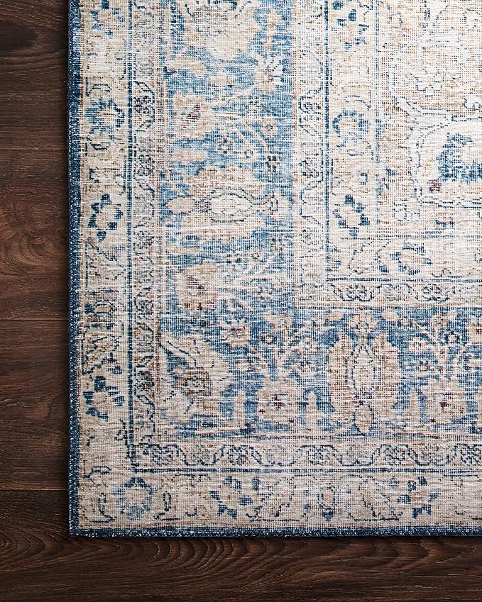 Loloi Layla Collection LAY-07 Blue/Tangerine 5'-0" x 7'-6" .13" Thick Area Rug, Soft, Durable, Vintage Inspired, Distressed, Low Pile, Non-Shedding, Easy Clean, Printed, Living Room Rug
