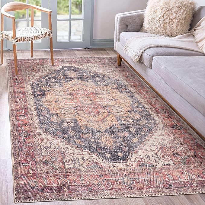 GLN Rugs Traditional Collection - Machine Washable Area Rug, Traditional Washable, Non Slip, Low Pile Chenille Rug, Living Room, Bedroom, Kitchen Rug (3' x 5' Black/Terra)