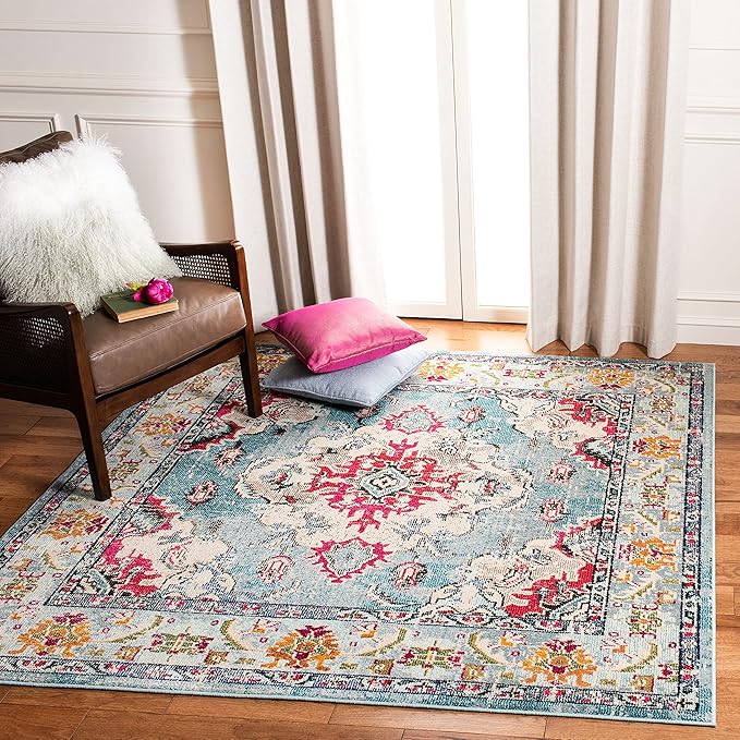 SAFAVIEH Monaco Collection Area Rug - 3' Square, Light Blue & Fuchsia, Boho Chic Medallion Distressed Design, Non-Shedding & Easy Care, Ideal for High Traffic Areas in Living Room, Bedroom (MNC243J)