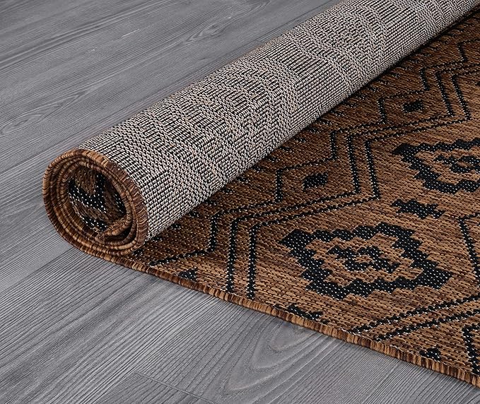 Beverly Rug Waikiki Boho Indoor Outdoor Rug 8x10, Washable Outside Carpet for Patio, Deck, Porch, Bohemian Area Rug, Farmhouse Rugs, Aztec Tribal Rug, Nut Brown and Black