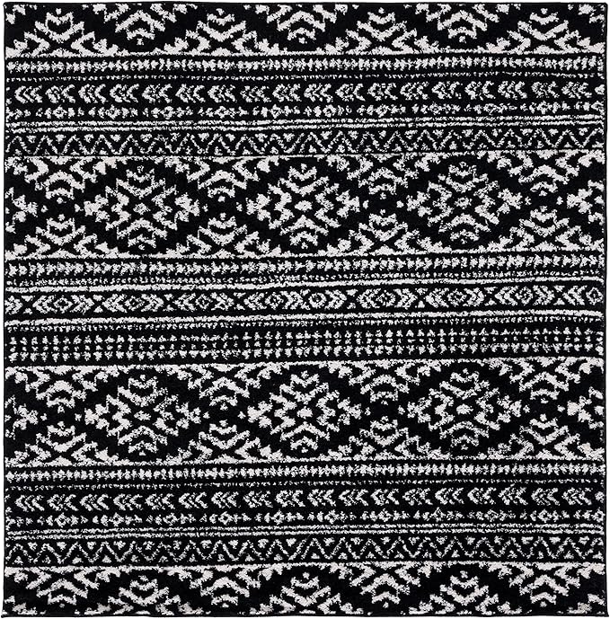 SAFAVIEH Tulum Collection Area Rug - 6'7" Square, Black & Ivory, Moroccan Boho Tribal Design, Non-Shedding & Easy to Clean, Ideal for Living Room, Bedroom, Dining Space (TUL272Z)