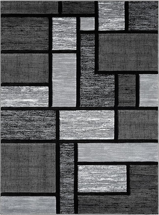 Area Rug Modern 2x7 Grey Black Squares Geometry Soft Hand Carved Contemporary Floor Carpet Fluffy Texture for Indoor Living Dining Room and Bedroom Area
