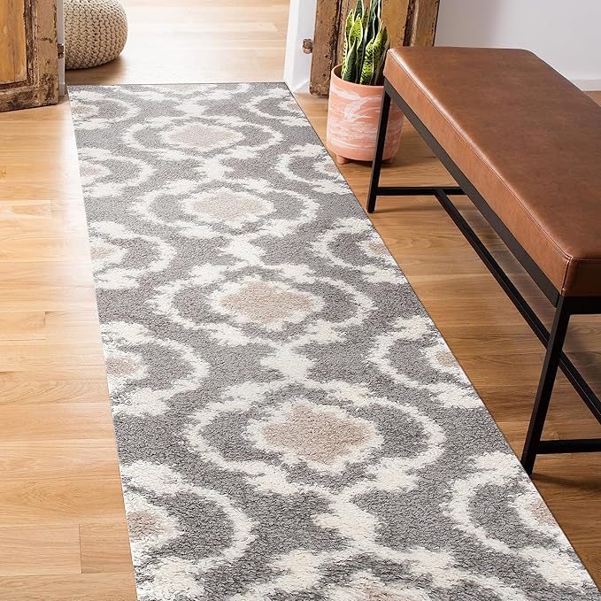 Rugshop Cozy Moroccan Trellis Indoor Shag Runner Rug 2' x 10' Gray/Cream