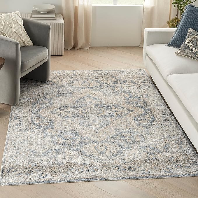 Nourison Home Astra Machine Washable Traditional Grey/Blue 6'7" x 9' Area Rug, Easy Clean, Non Shedding, Bed Room, Living Room, Dining Room, Kitchen (7x9)