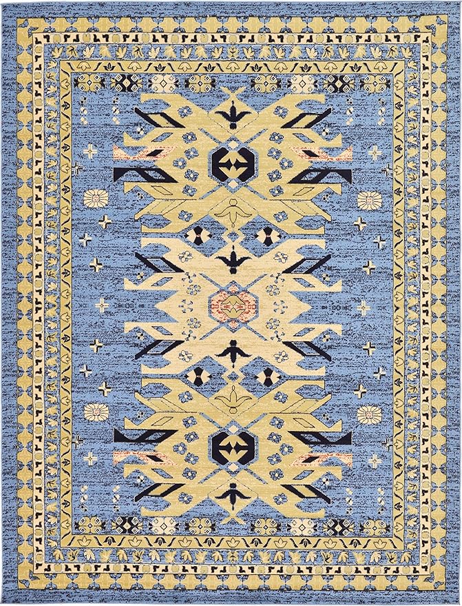 Unique Loom Taftan Collection Border Geometric Tribal Inspired Design Area Rug (9' 0 x 12' 0 Rectangular, Light Blue/ Gold)