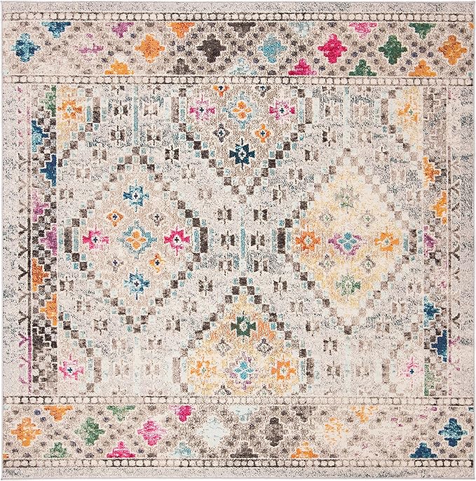 SAFAVIEH Madison Collection Area Rug - 9' Square, Grey & Yellow, Boho Diamond Distressed Design, Non-Shedding & Easy Care, Ideal for High Traffic Areas in Living Room, Bedroom (MAD418F)
