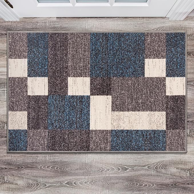 Rugshop Contemporary Blue Geometric Boxes Non-Slip Area Rug Non-Shedding for Living Room, Dining Room and Office, 20" x 30"