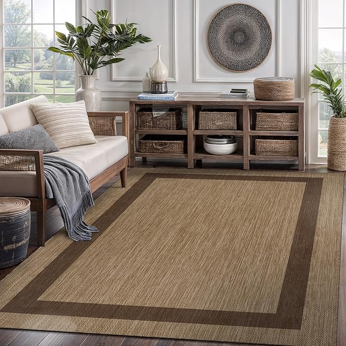 CAMILSON Outdoor Rug 5x7 - Modern Outside Rugs for Patios Porches Waterproof Durable Washable Non-Shedding, Easy-to-Clean Indoor Outdoor Area Carpet (5 x 7, Bordered - Jute)