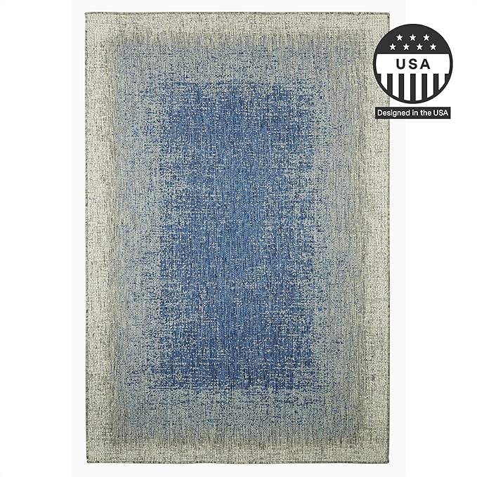 FH Home Flat Woven Outdoor Rug - Waterproof, Easy to Clean, Stain Resistant - Premium Polypropylene Yarn - Modern Ombre - Patio, Porch, Deck, Balcony - Dhruva - Blue - 5ft 2in x 7ft 6in