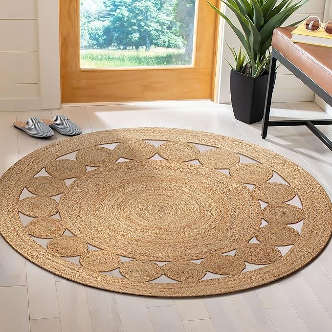 Savi Home Hand Woven Jute Braided Dot Rug, 3' Round - Natural, Reversible Area Rugs for Living Room, Farmhouse, Kitchen, Handcrafted 3 Feet Round Area Rugs - Natural