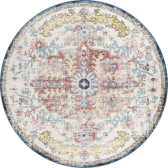 Livabliss Area Rugs - 8ft Round Odelia Vintage Boho Aqua Burgandy Blue Round Area Rug for Living Room Bedroom - Floral Medallion Stain Resistant Carpet for Kitchen, Nursery, Office (7'10" Round)