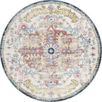 Livabliss Area Rugs - 5ft Round Odelia Vintage Boho Aqua Burgandy Blue Round Area Rug for Living Room Bedroom - Floral Medallion Stain Resistant Carpet for Kitchen, Nursery, Office (5'3" Round)