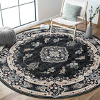 MUJOO Black Round Rug 6ft,Circle Washable Area Rugs for Bedroom Living Room Bathroom,Boho Large Vintage Bohemian Distressed Farmhouse Non Slip Circular Carpet,Floral