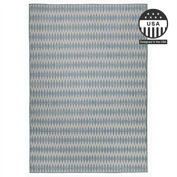 FH Home Flat Woven Outdoor Rug - Waterproof, Easy to Clean, Stain Resistant - Premium Polypropylene Yarn - Geometric - Patio, Deck, Porch, Balcony, Laundry Room - Giza - Aqua - 3ft 11in x 5ft 6in