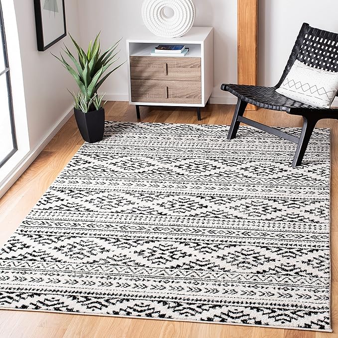 SAFAVIEH Tulum Collection Area Rug - 10' Square, Ivory & Black, Moroccan Boho Tribal Design, Non-Shedding & Easy to Clean, Ideal for Living Room, Bedroom, Dining Space (TUL272B)
