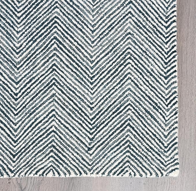 Modern Herringbone Chevron Collection Handcrafted Wool Area Rug - Durable, Zigzag Pattern, for High Traffic, Contemporary Design for Living Room, Bedroom, Dining Room Decor (Denim Blue, 5' x 5' sq)