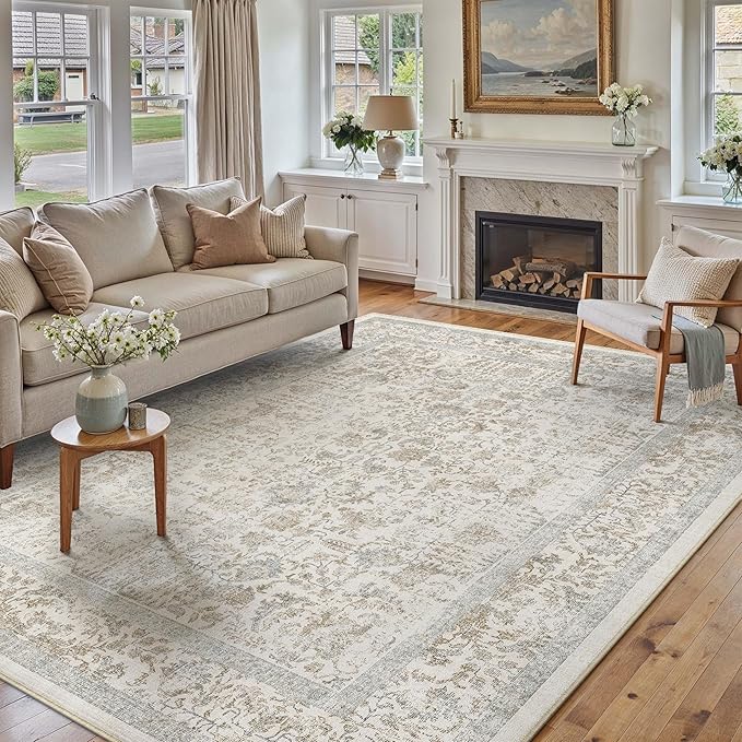 Taupe Area Rug 8x10 Machine Washable Large Vintage Living Room Distressed Non Slip Carpet Traditional Indoor Bedroom Retro Floral Accent Throw Rug for Office Kitchen Dining Room