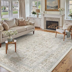 Taupe Area Rug 8x10 Machine Washable Large Vintage Living Room Distressed Non Slip Carpet Traditional Indoor Bedroom Retro Floral Accent Throw Rug for Office Kitchen Dining Room