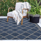 FH Home Flat Woven Outdoor Rug - Waterproof, Easy to Clean, Stain Resistant - Premium Polypropylene Yarn - Moroccan Geo Lattice - Patio,Deck,Porch,Balcony,Laundry - Tunis - Blue - 3ft 11 in x 5ft 6in