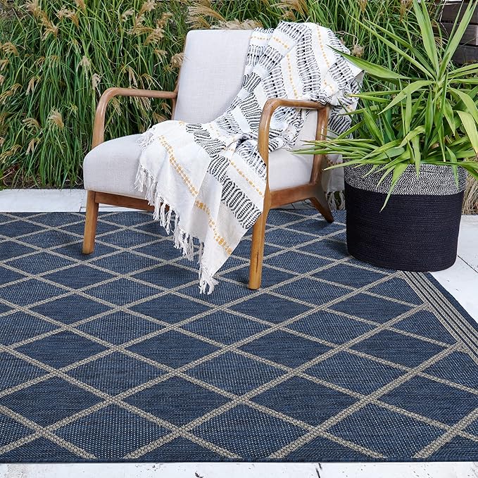 FH Home Flat Woven Outdoor Rug - Waterproof, Easy to Clean, Stain Resistant - Premium Polypropylene Yarn - Moroccan Geometric Lattice - Patio, Porch, Deck, Balcony - Tunis - Blue - 5ft 4in x 7ft 6in