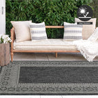 FH Home Flat Woven Outdoor Rug - Waterproof, Easy to Clean, Stain resistant - Premium Polypropylene Yarn - Bordered Moroccan - Patio, Deck,Porch,Balcony,Laundry - Accra - Charcoal - 3ft 11in x 5ft 6in