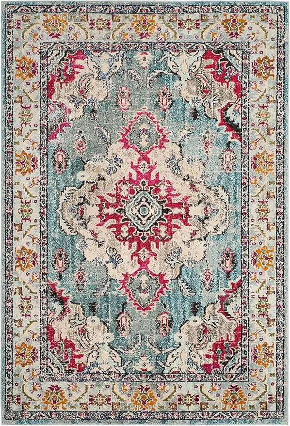 SAFAVIEH Monaco Collection Accent Rug - 4' x 5'7", Light Blue & Fuchsia, Medallion Distressed Design, Non-Shedding & Easy Care, Ideal for High Traffic Areas in Entryway, Living Room, Bedroom (MNC243J)