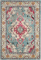 SAFAVIEH Monaco Collection Accent Rug - 4' x 5'7", Light Blue & Fuchsia, Medallion Distressed Design, Non-Shedding & Easy Care, Ideal for High Traffic Areas in Entryway, Living Room, Bedroom (MNC243J)