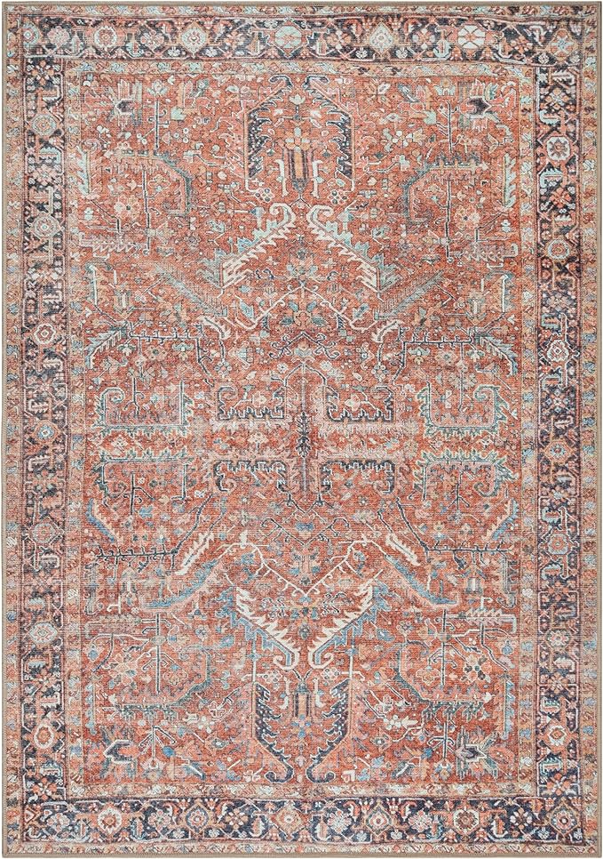 GLN Rugs Traditional Collection - Machine Washable Area Rug, Traditional Washable, Non Slip, Low Pile Chenille Rug, Living Room, Bedroom, Kitchen Rug (6' x 9' Terra/Multicolor 1168)