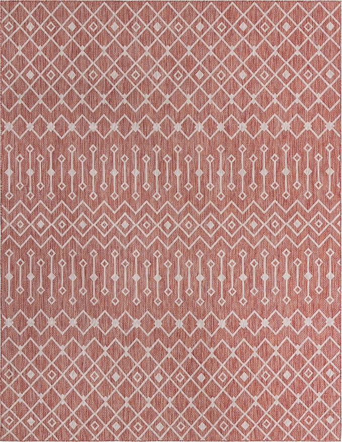 Unique Loom Outdoor Trellis Collection Area Rug - Tribal Trellis (10' x 13' 1" Rectangle, Rust Red/ Ivory)