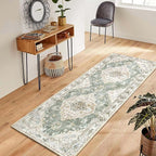 MUJOO Hallway Runner Rug - Machine Washable Non Slip Boho Green Runner for Hallways, Entryway, Kitchen, Bathroom, Bedside - Retro Soft Low-Pile 2'x6' Blossom