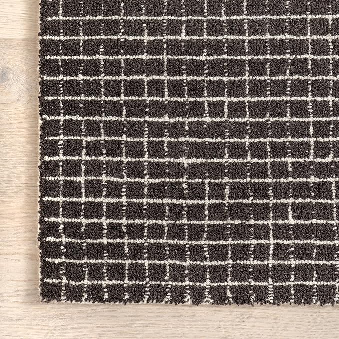 Rugs USA Melrose Checked Wool Area Rug - 4x6 Area Rug Contemporary Charcoal/Ivory for Living Room Bedroom Dining Room Kitchen