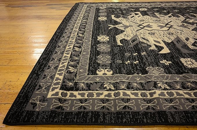 Unique Loom Taftan Collection Border Geometric Tribal Inspired Design Area Rug (8' 0 x 10' 0 Rectangular, Black/ Gray)
