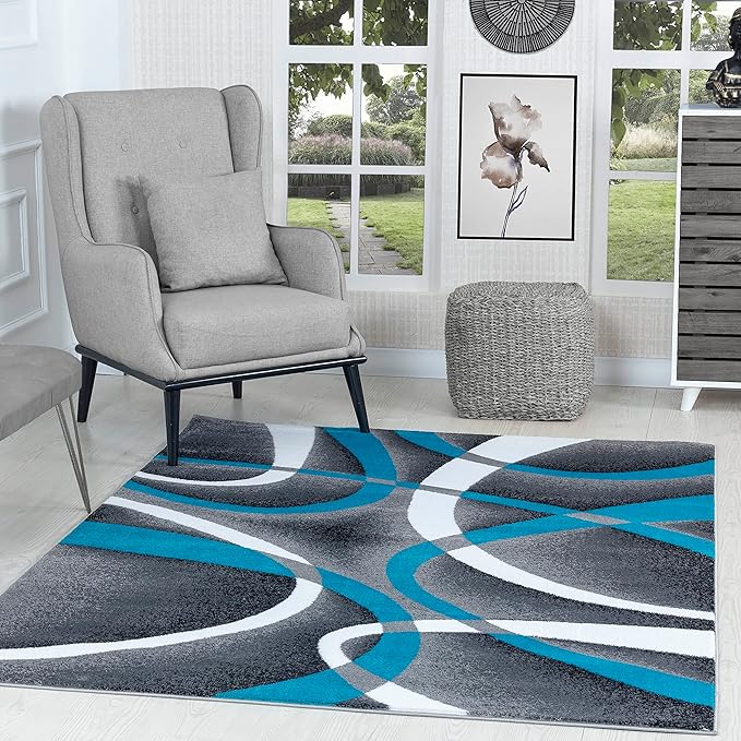 GLORY RUGS Modern Area Rug 5x7 Turquoise Swirls Carpet Bedroom Living Room Contemporary Dining Accent