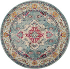 SAFAVIEH Monaco Collection Area Rug - 6'7" Round, Light Blue & Fuchsia, Boho Chic Medallion Distressed Design, Non-Shedding & Easy Care, Ideal for High Traffic Areas in Living Room, Bedroom (MNC243J)