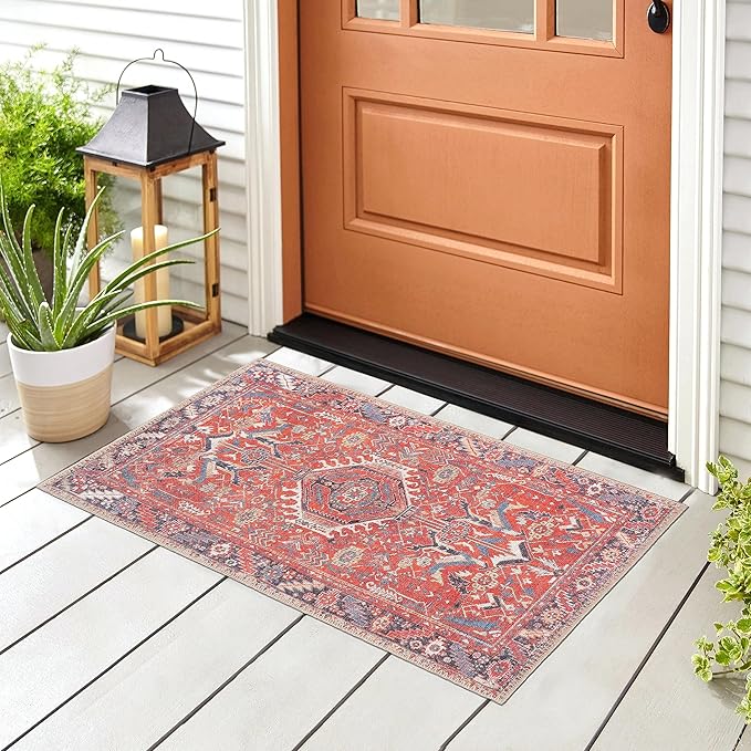 GLN Rugs Traditional Collection - Machine Washable Area Rug, Traditional Washable, Non Slip, Low Pile Chenille Rug, Living Room, Bedroom, Kitchen Rug (2' x 3' Multi Red)