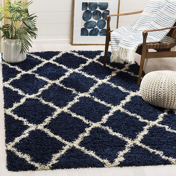 SAFAVIEH Dallas Shag Collection Accent Rug - 4' x 6', Navy & Ivory, Trellis Design, Non-Shedding & Easy Care, 1.5-inch Thick Ideal for High Traffic Areas in Entryway, Living Room, Bedroom (SGD257N)